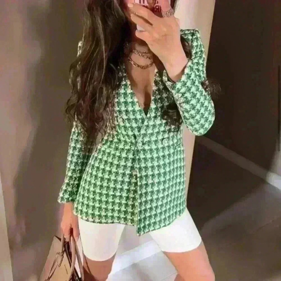 Blogger Favorite Green Zara Woven Textured Double Breasted Tweed Blazer Size S - Picture 11 of 13
